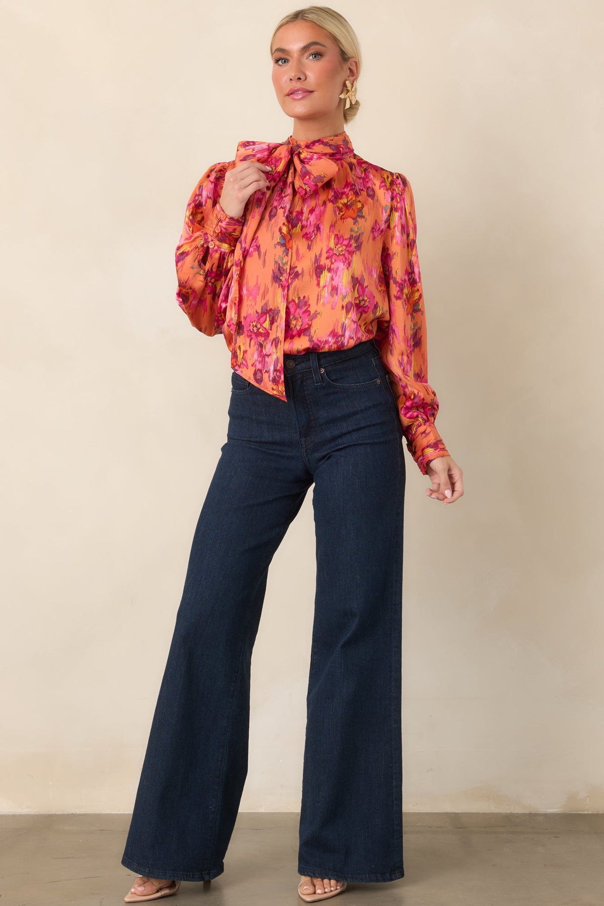 Worth Noticing Orange Multi Floral Satin Blouse