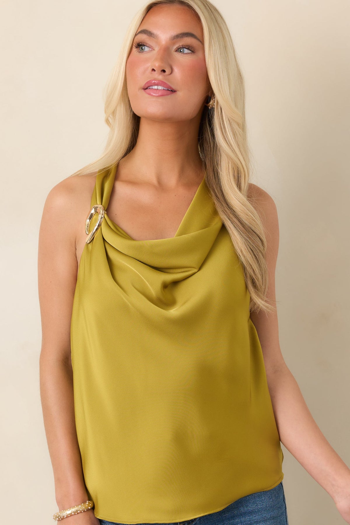 Table for Two Chartreuse Satin Sleeveless Top