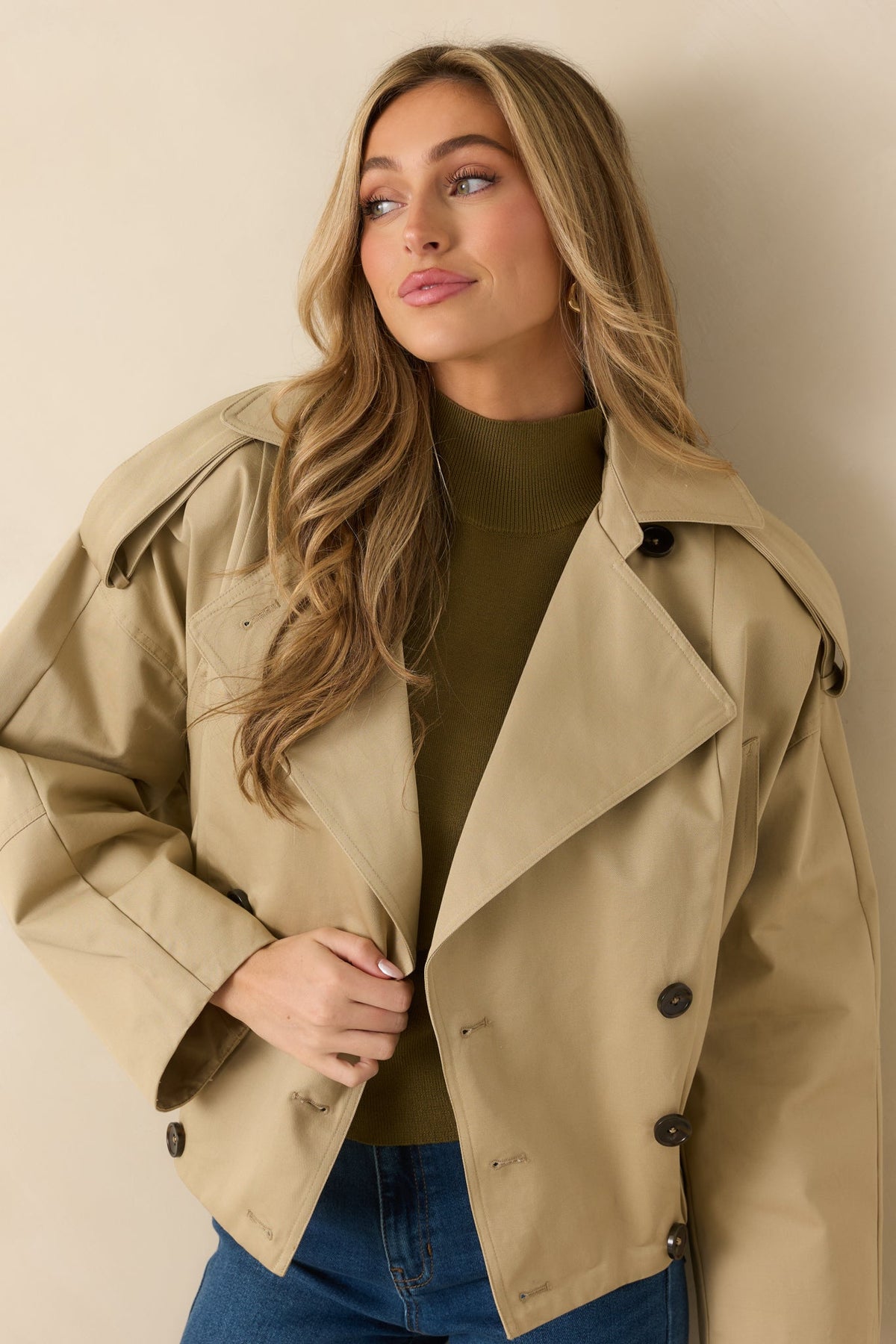 Modern Forecast Beige Cotton Double Breasted Cropped Trench Jacket