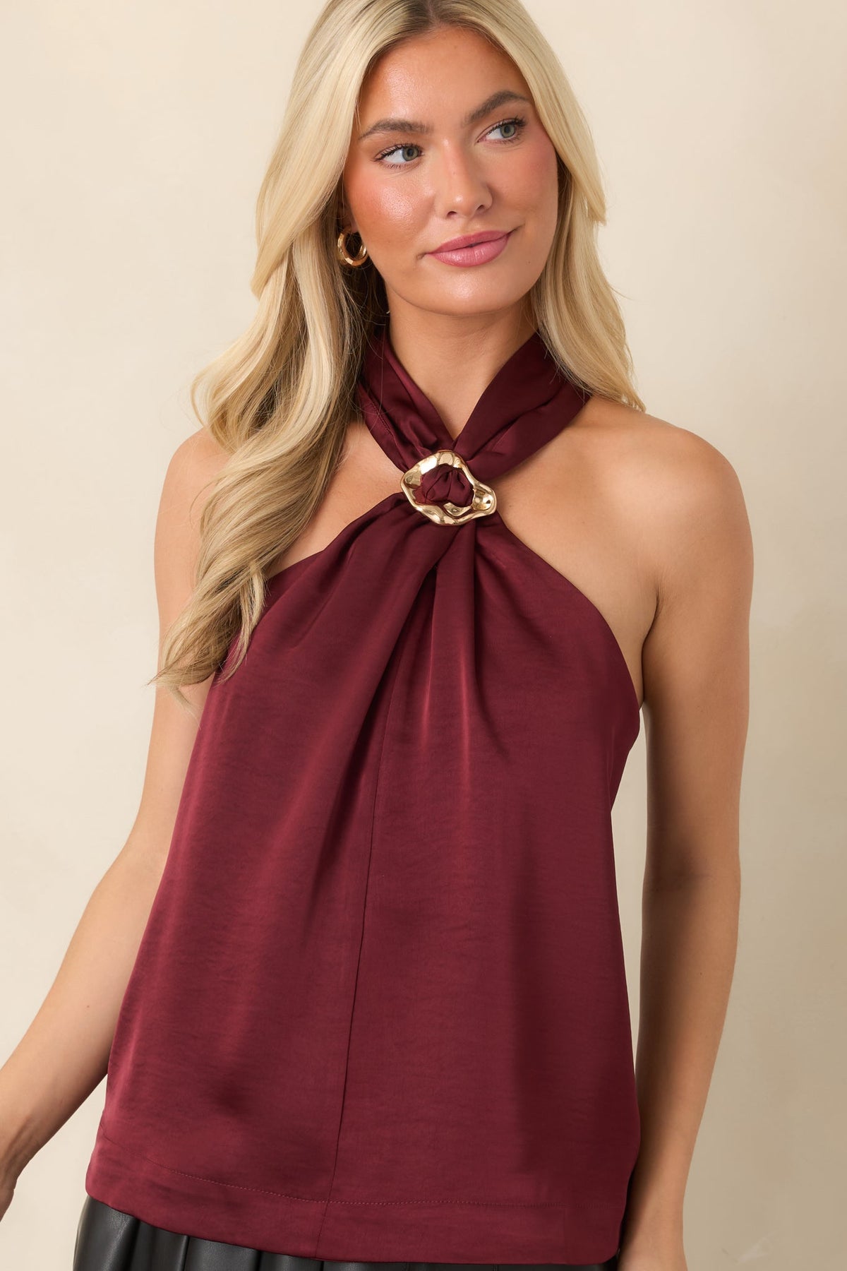 Draped In Myth Wine Halter Ring Detail Blouse