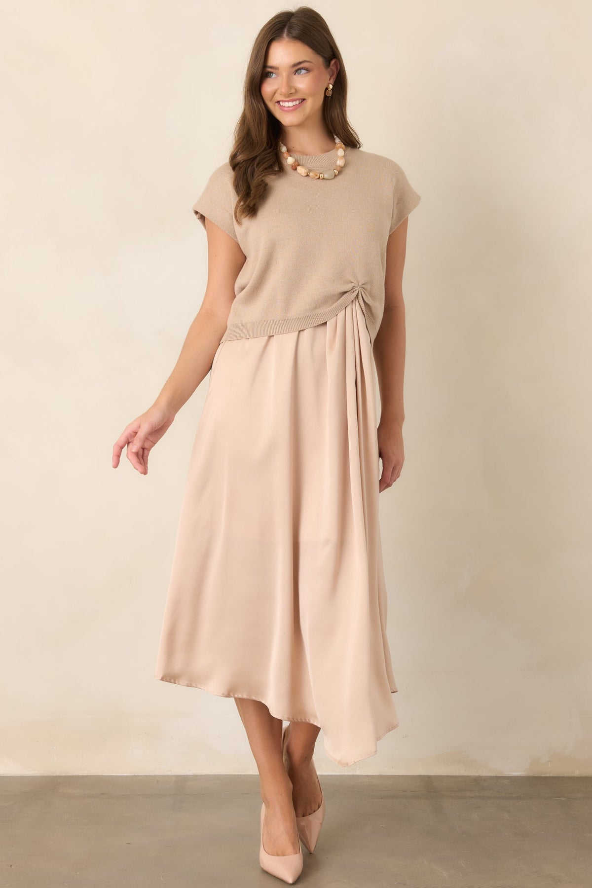 Easy Confidence Champagne Knit & Satin Sleeveless Midi Dress