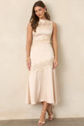 Simply Enchanting Champagne Satin Lace Trim Midi Dress