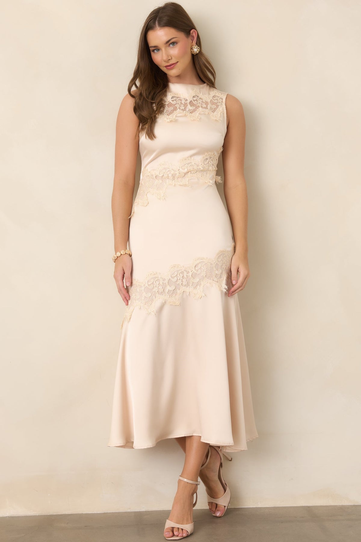 Simply Enchanting Champagne Satin Lace Trim Midi Dress
