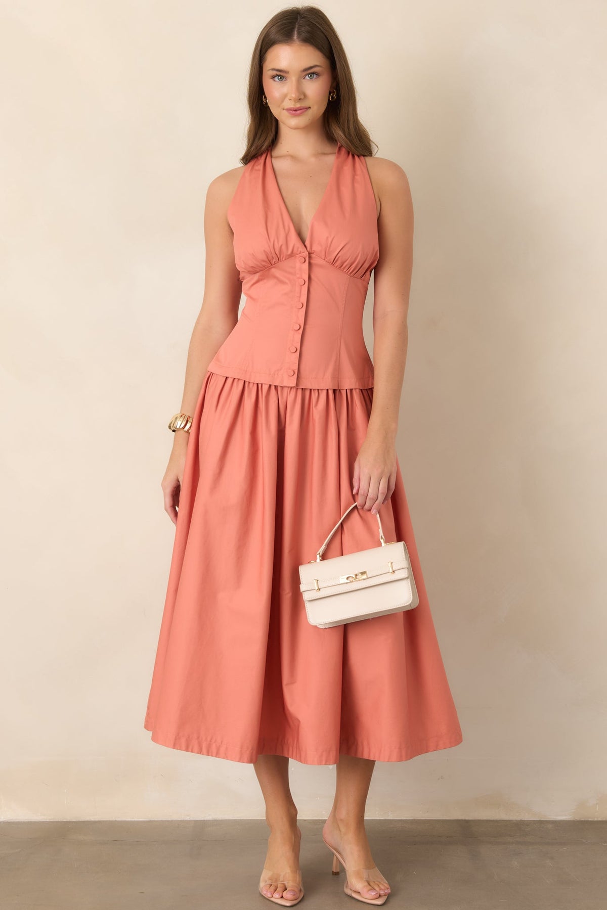 In the Warm Breeze Coral Orange Cotton Structured Bodice Sleeveless Midi Dress
