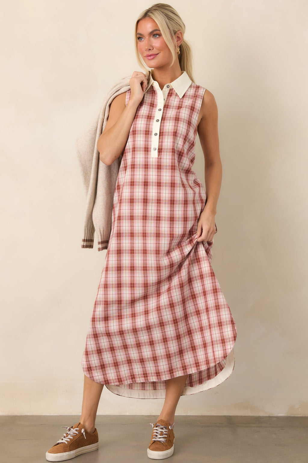 Small Town Story Pink Plaid Cotton Midi Dress
