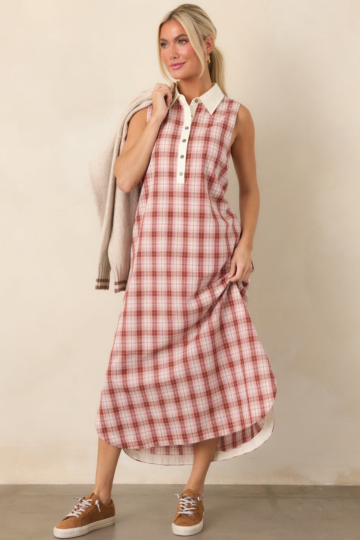 Small Town Story Pink Plaid Cotton Midi Dress