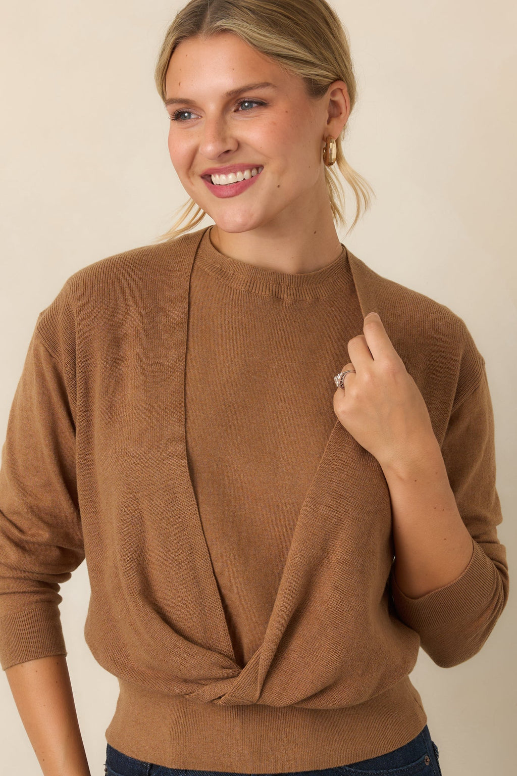 Fine By Me Camel Cotton Cashmere Blend Twist Front Sweater