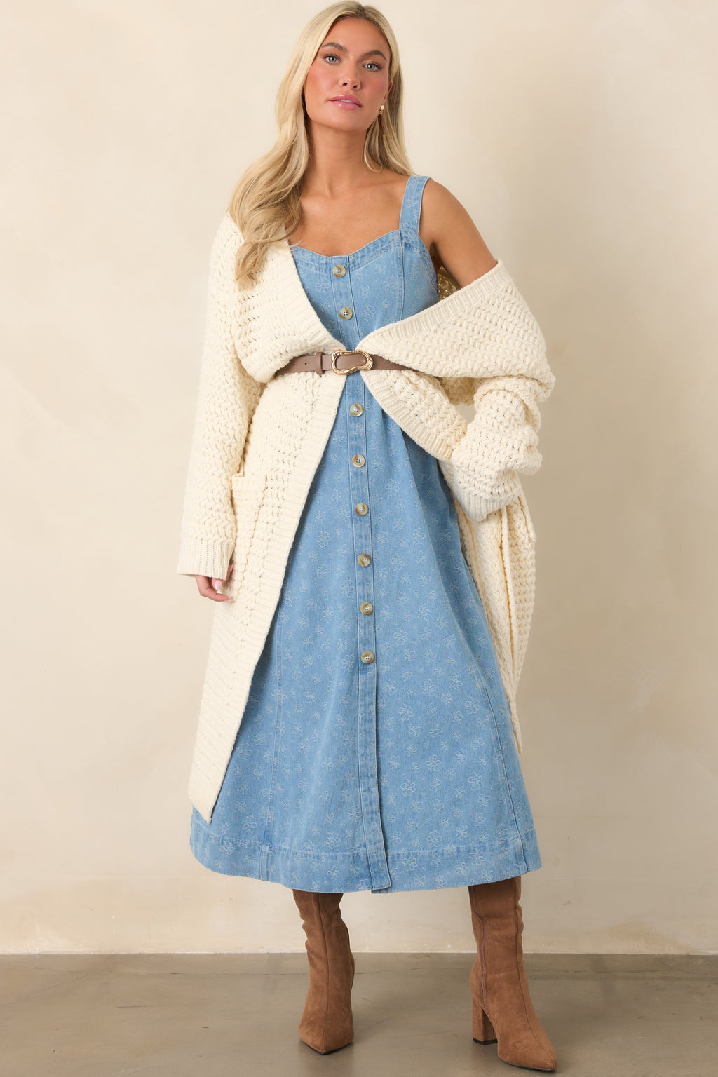 Dreaming in Blue Light Wash Denim Floral Midi Dress