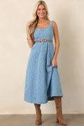 Dreaming in Blue Light Wash Denim Floral Midi Dress