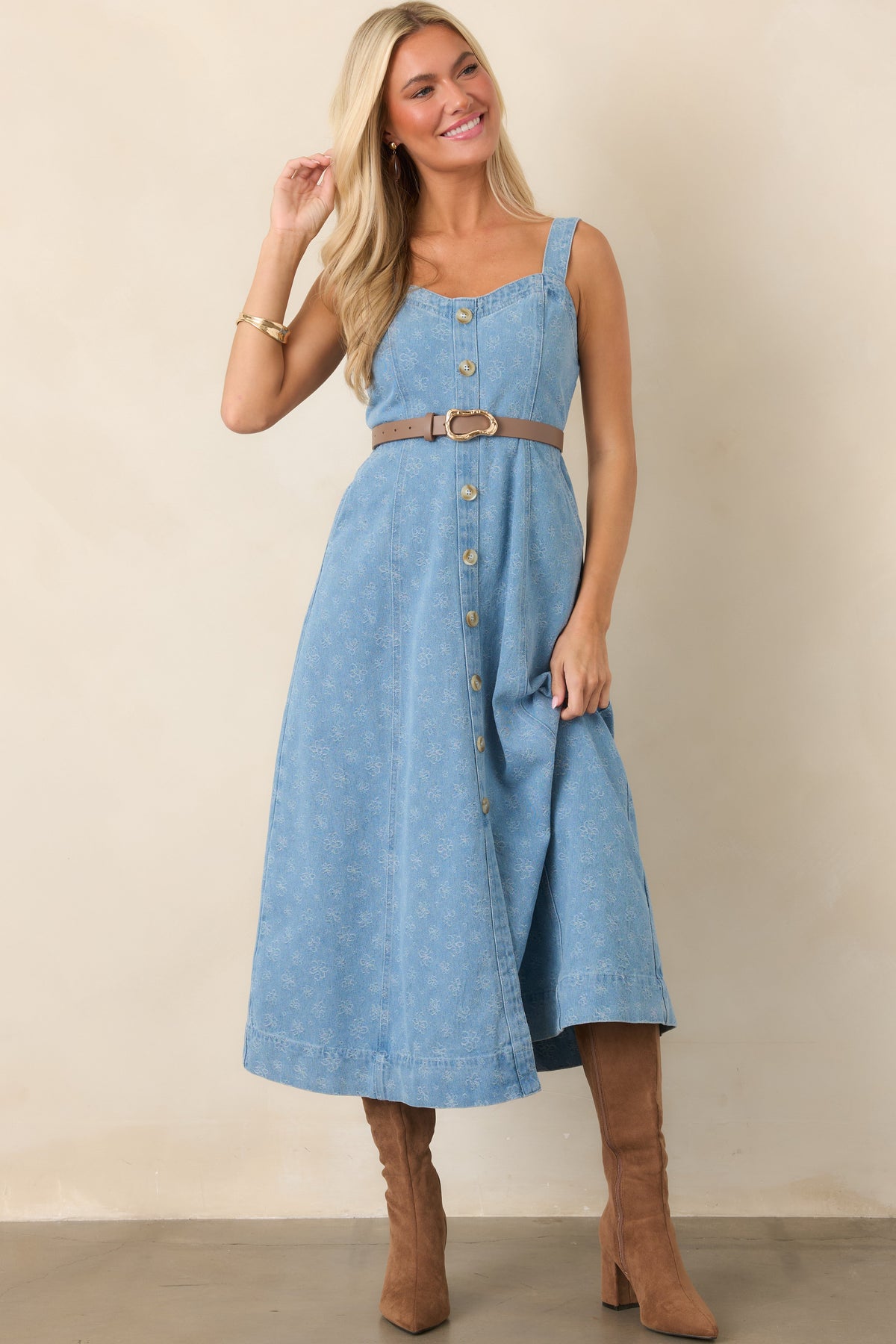 Dreaming in Blue Light Wash Denim Floral Midi Dress