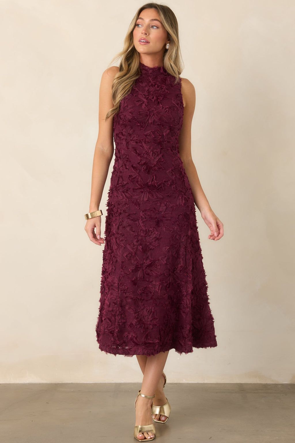 A Night to Remember Wine Red Knit Floral Appliqué Midi Dress
