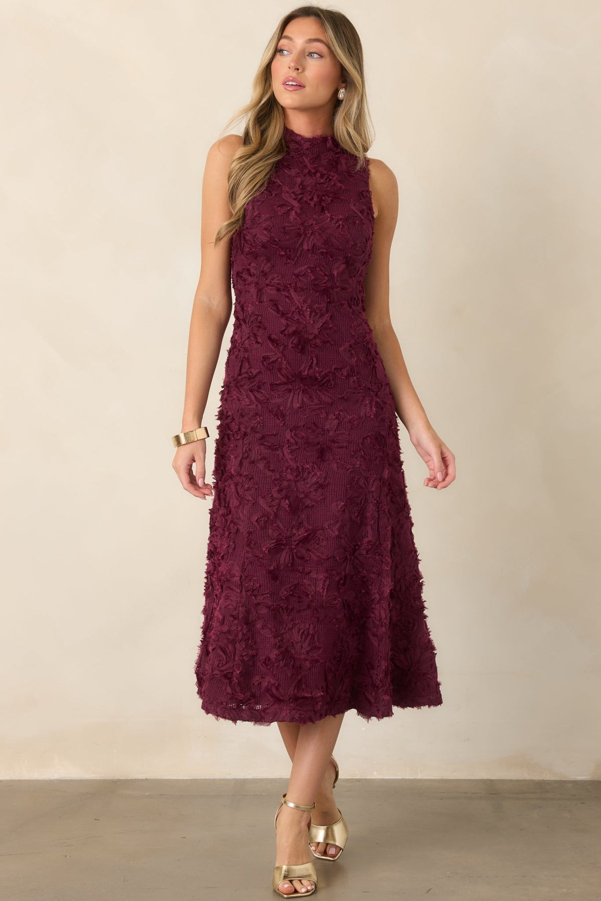 A Night to Remember Wine Red Knit Floral Appliqué Midi Dress