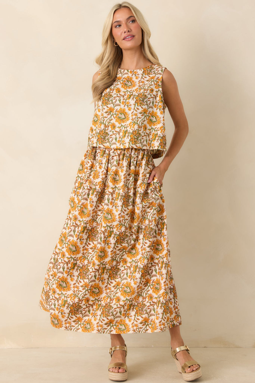Easy to Love Marigold & Olive Green Floral Cotton Button-Back Top