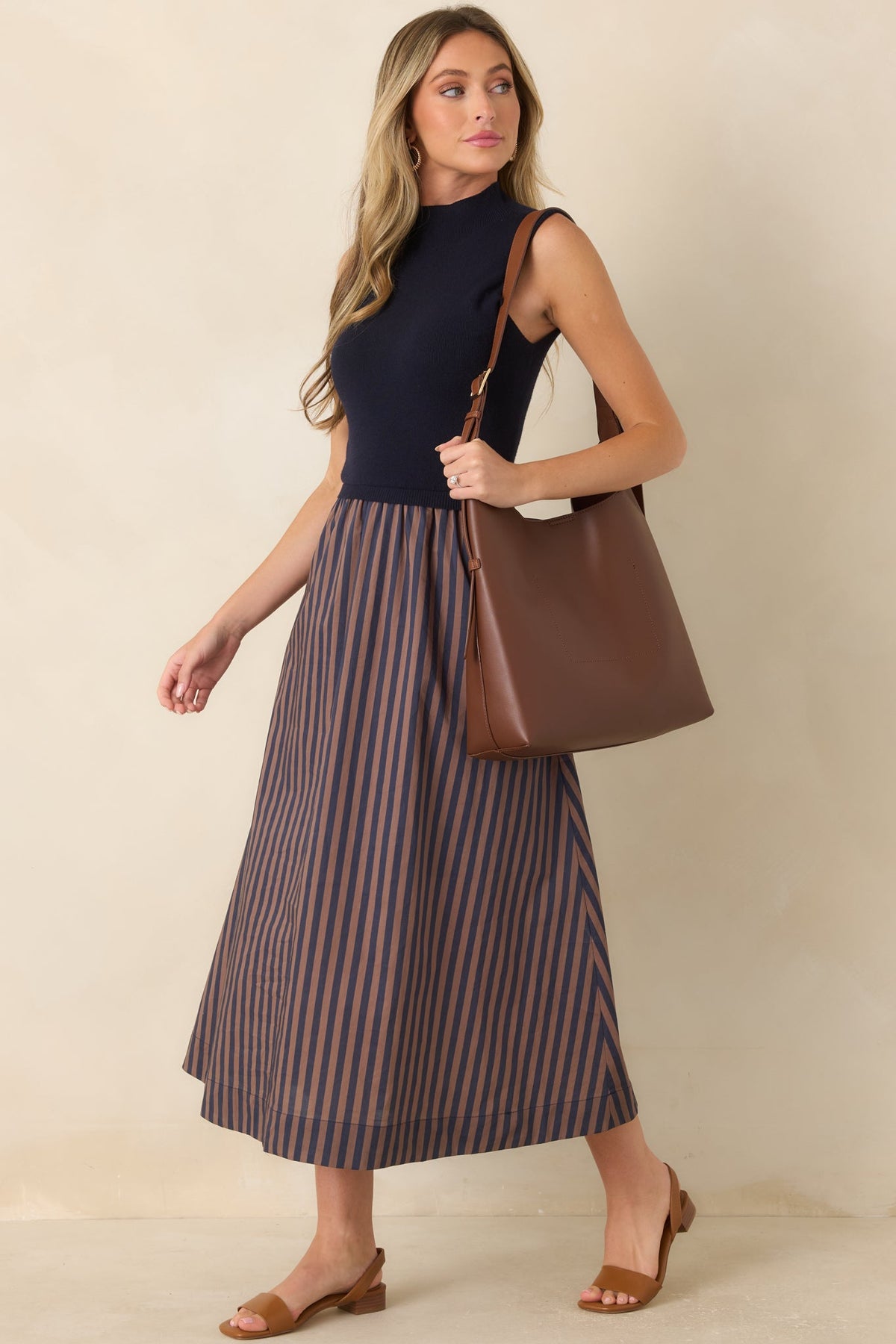 That's More Like It Navy & Tan Stripe Sweater Midi Dress