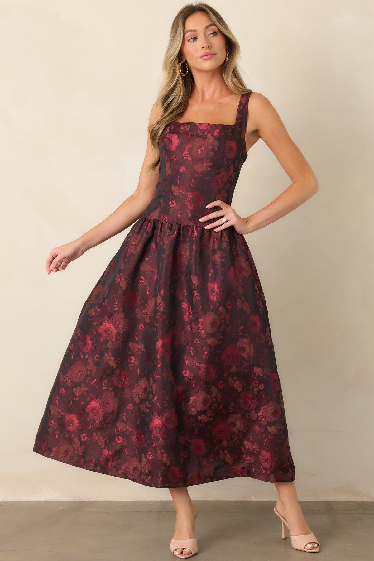 A Beautiful Thing Burgundy Floral Jacquard Midi Dress