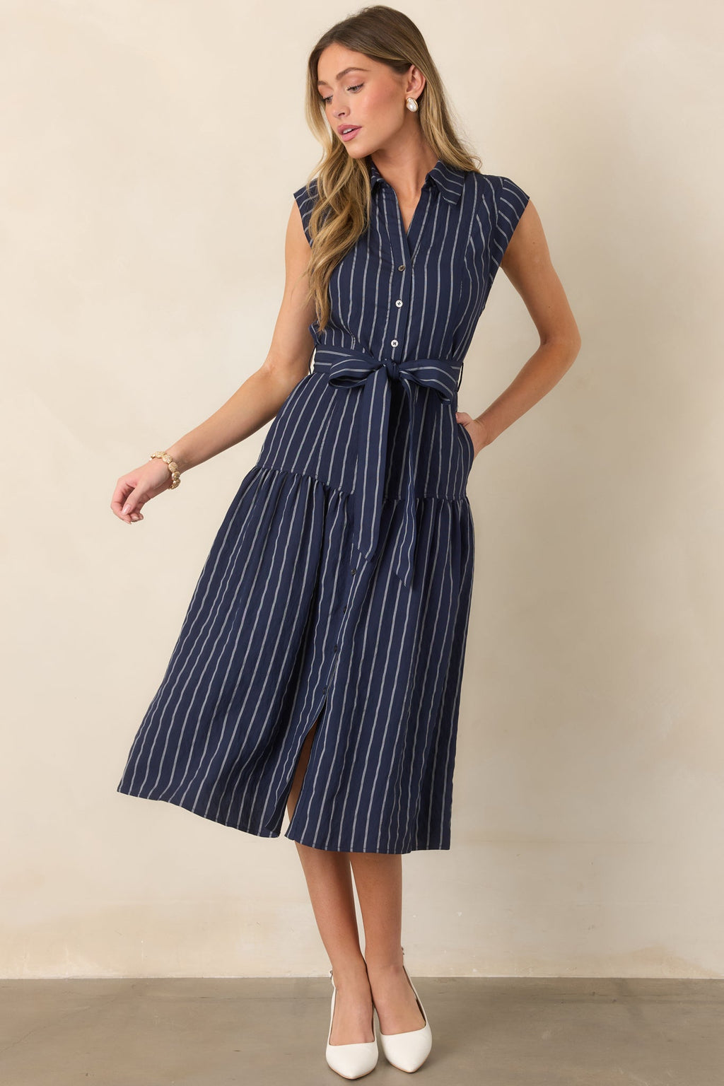 Always On Course Navy Striped Button Front Midi Dress