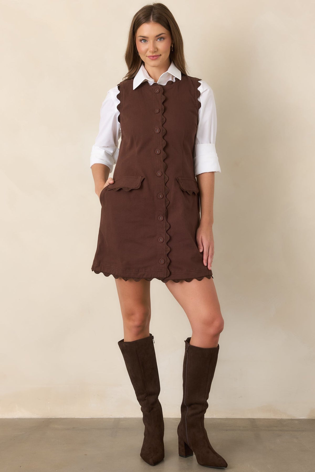 On the Same Wavelength Brown Ric Rac Trim Mini Dress