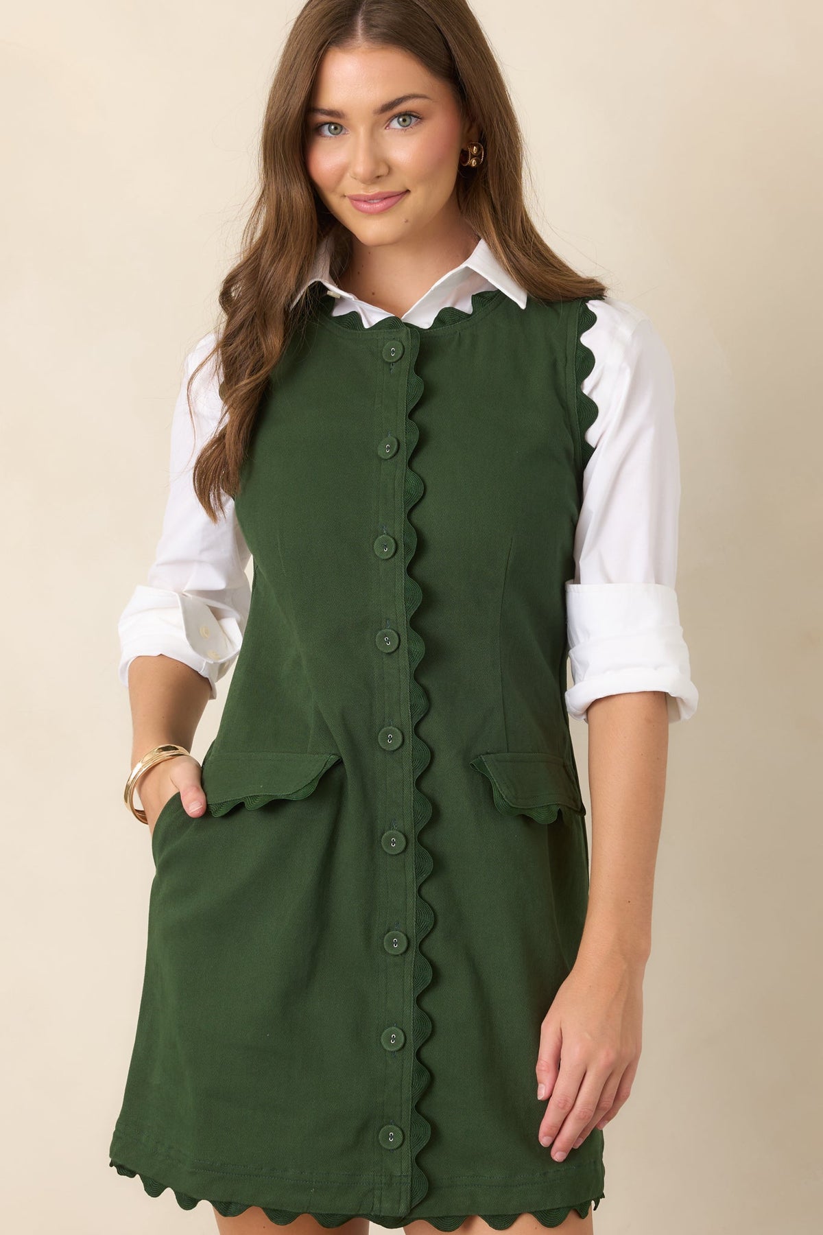 On the Same Wavelength Hunter Green Ric Rac Trim Mini Dress