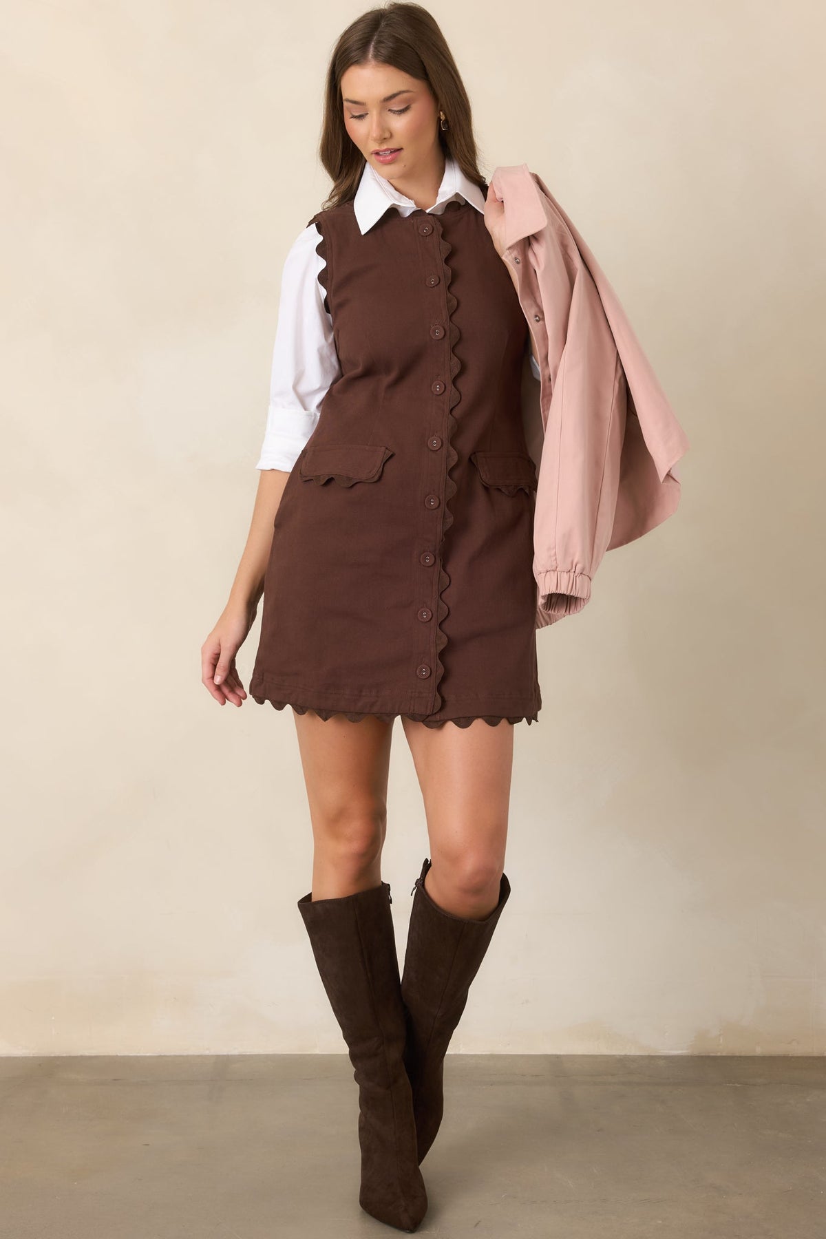 On the Same Wavelength Brown Ric Rac Trim Mini Dress