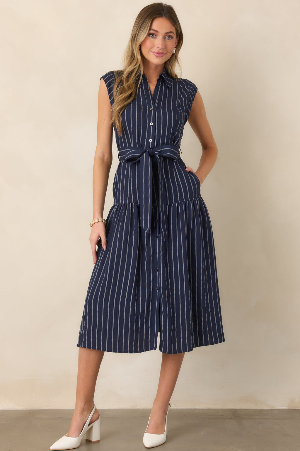 Always On Course Navy Striped Button Front Midi Dress