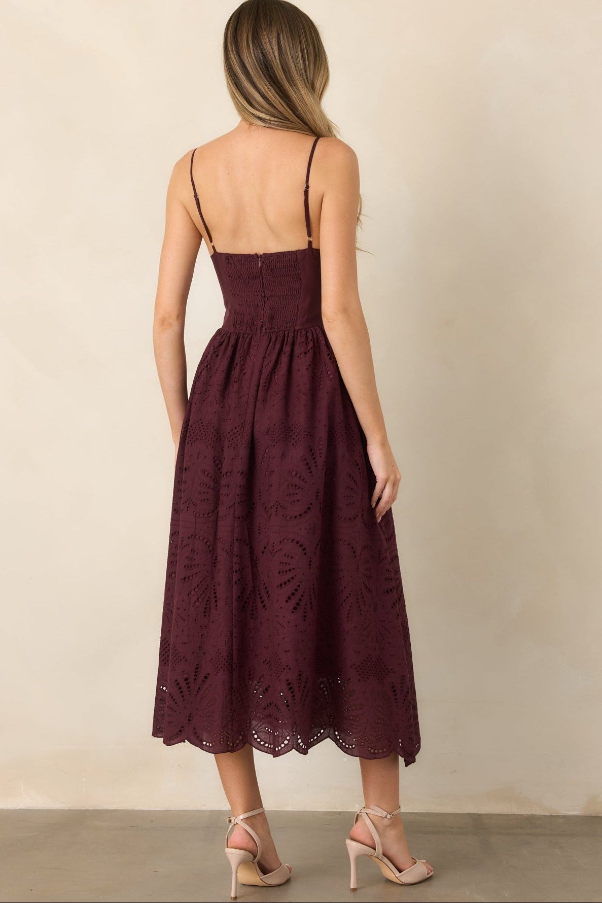 All the Romance Plum Eyelet Scallop Midi Dress