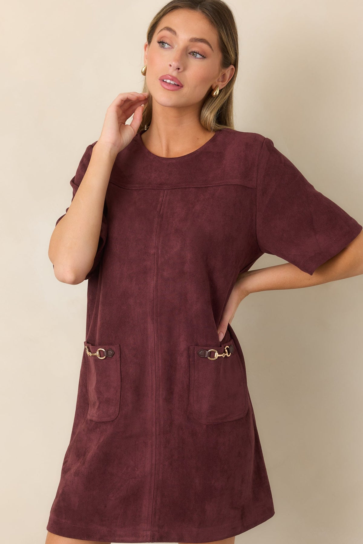 After the Derby Burgundy Faux Suede Horsebit Mini Dress