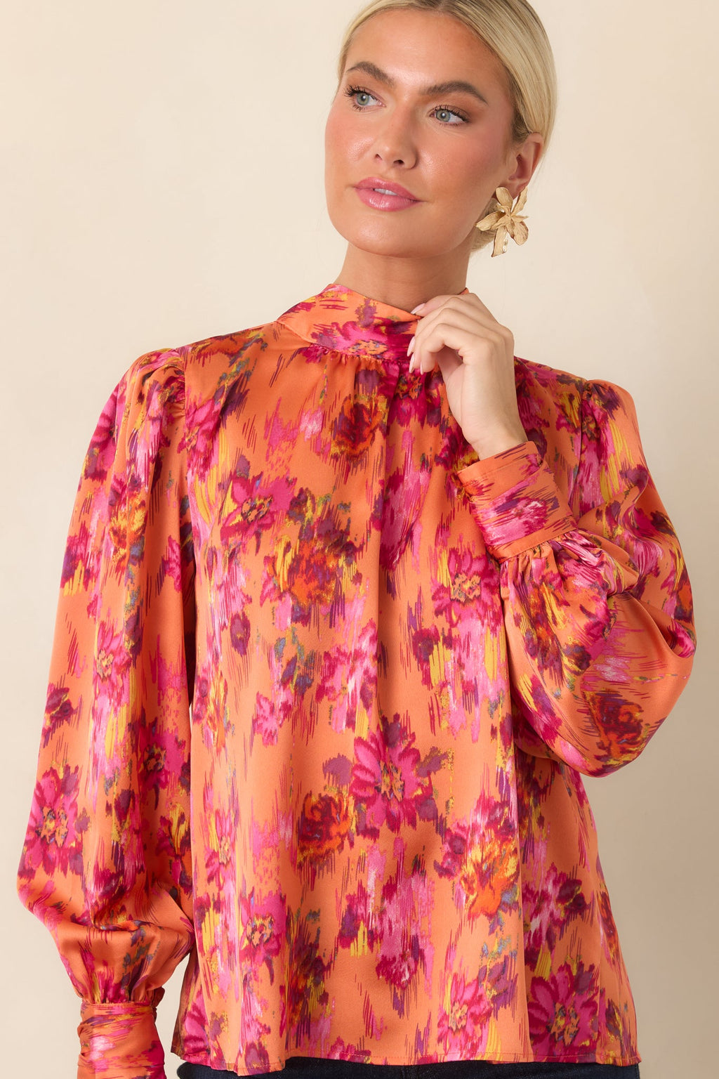 Worth Noticing Orange Multi Floral Satin Blouse