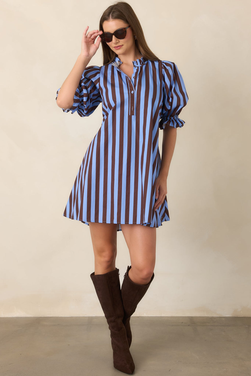 Here's the Plan Blue & Brown Stripe Cotton Mini Shift Dress