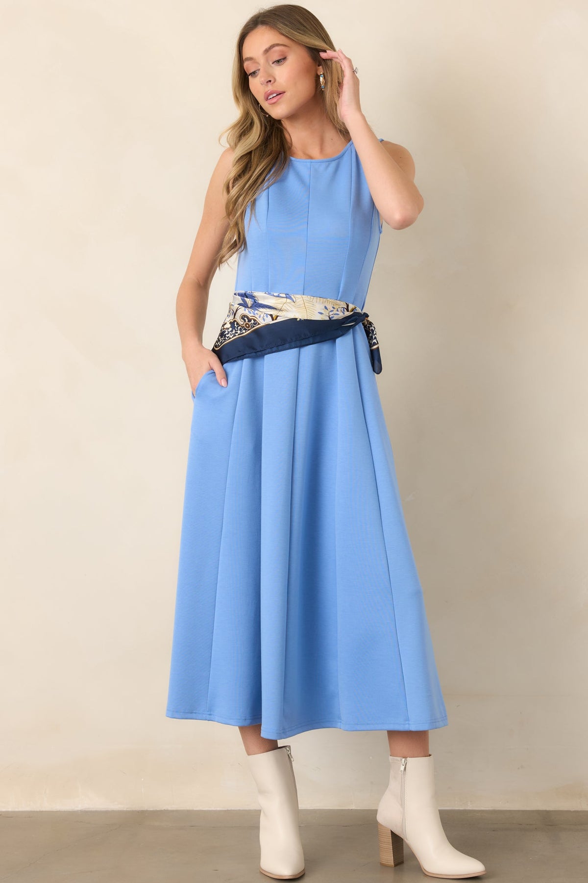 Soft Landing Light Blue Paneled Sleeveless Midi Dress