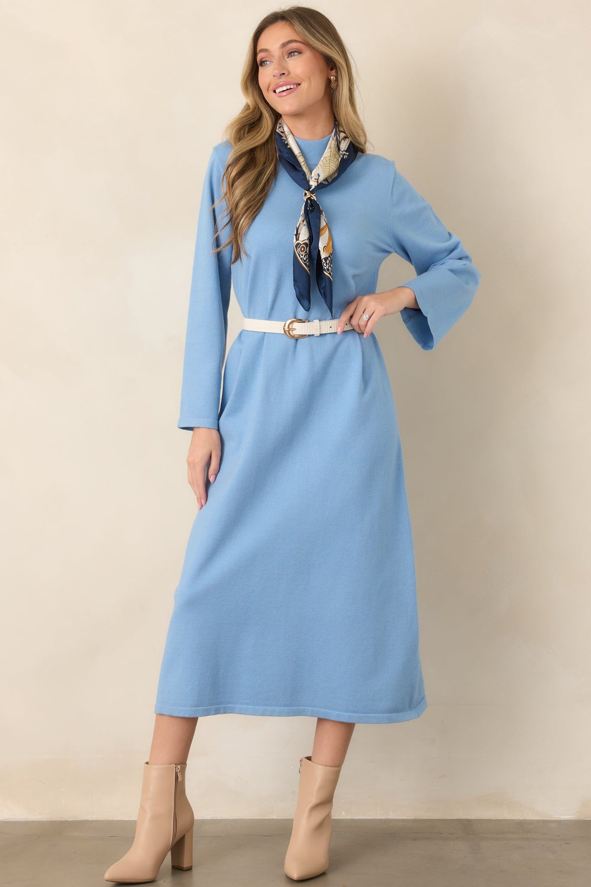 Simply Put Together Sky Blue Relaxed Knit Shift Midi Dress