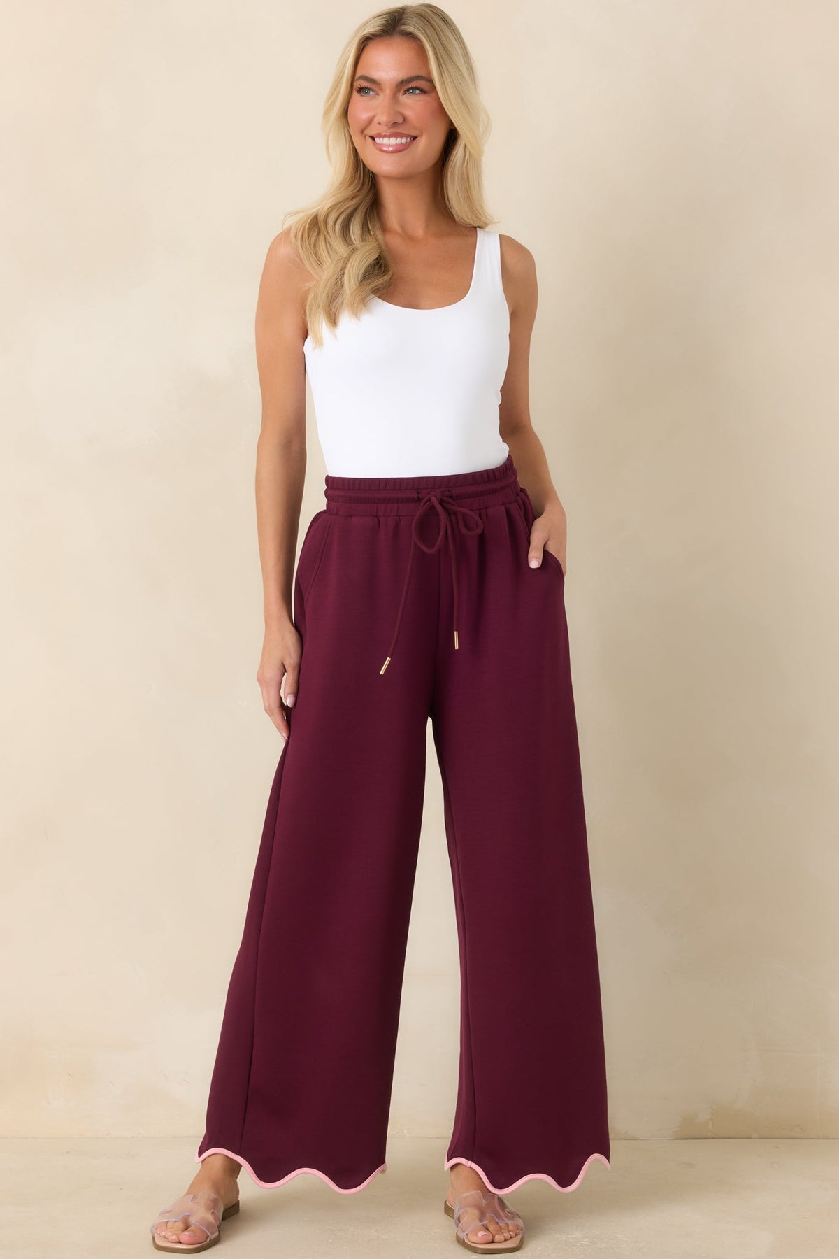 On My Time Burgundy Scalloped Trim Wide Leg Pants
