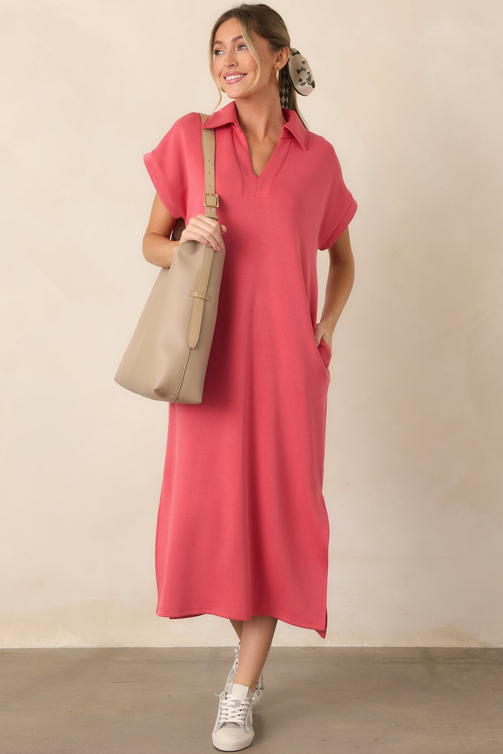 Made The Right Call Coral Pink Collared Midi T-Shirt Dress