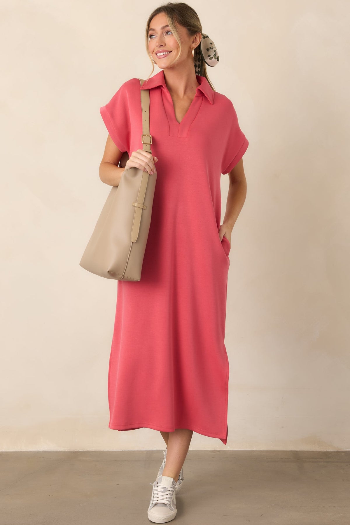 Made The Right Call Coral Pink Collared Midi T-Shirt Dress