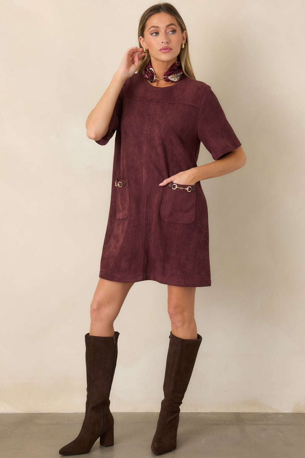 After the Derby Burgundy Faux Suede Horsebit Mini Dress