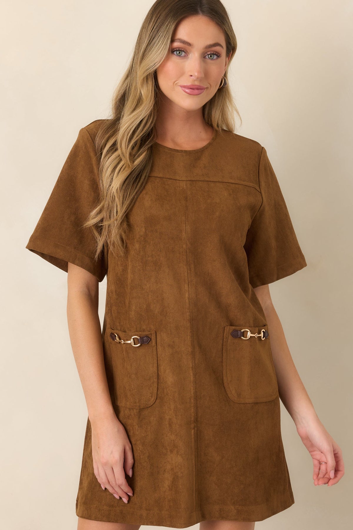 After the Derby Brown Faux Suede Horsebit Mini Dress
