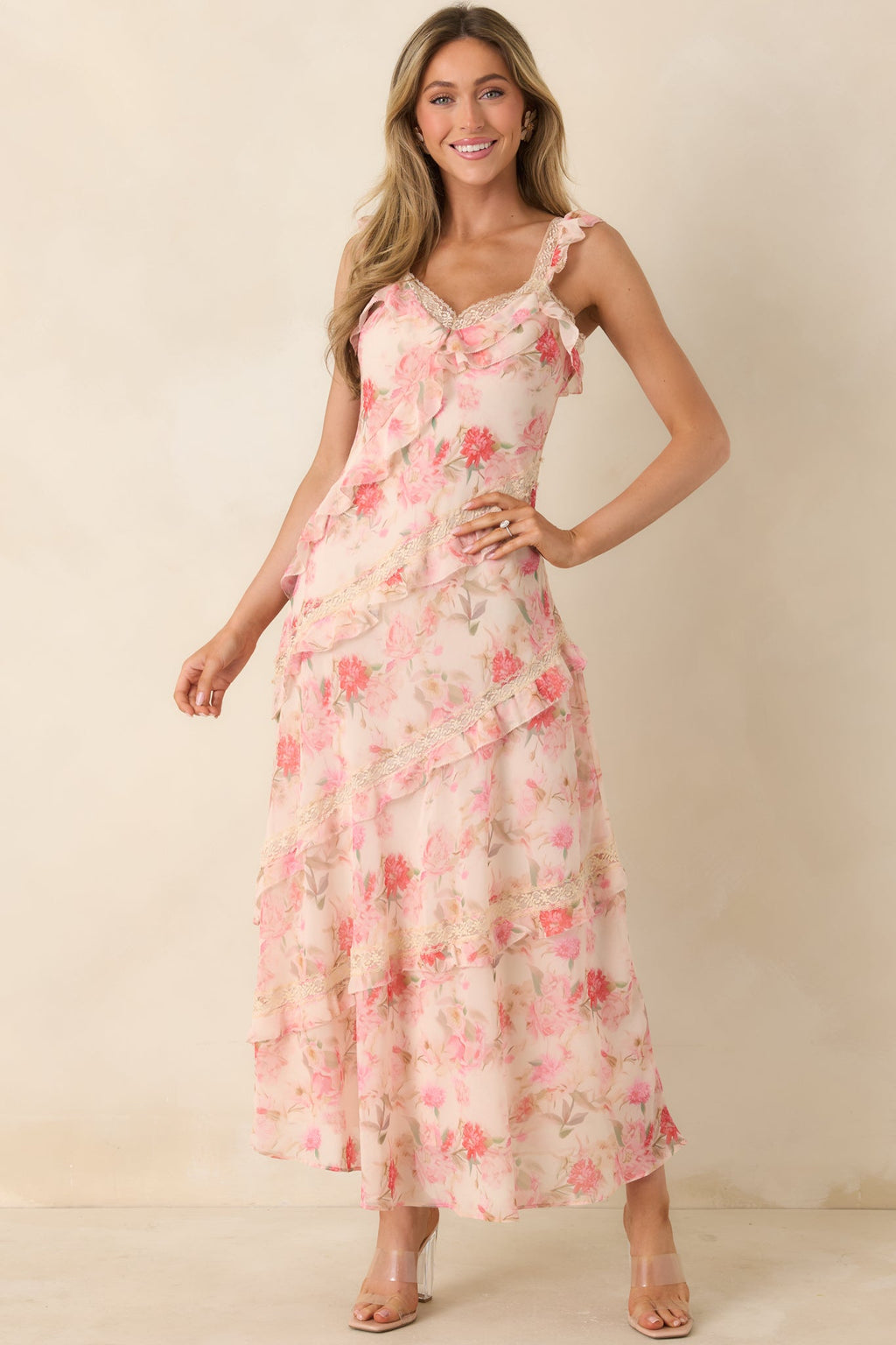Yours Always Coral Pink Floral Lace & Ruffle Trim Midi Dress