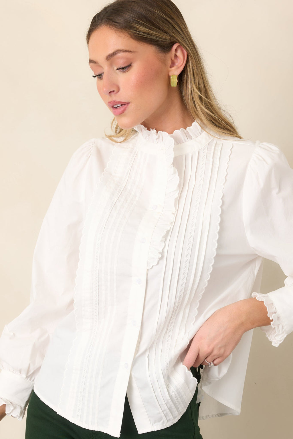 Up In The Air Ivory Ruffle Pintuck Button-Up Blouse