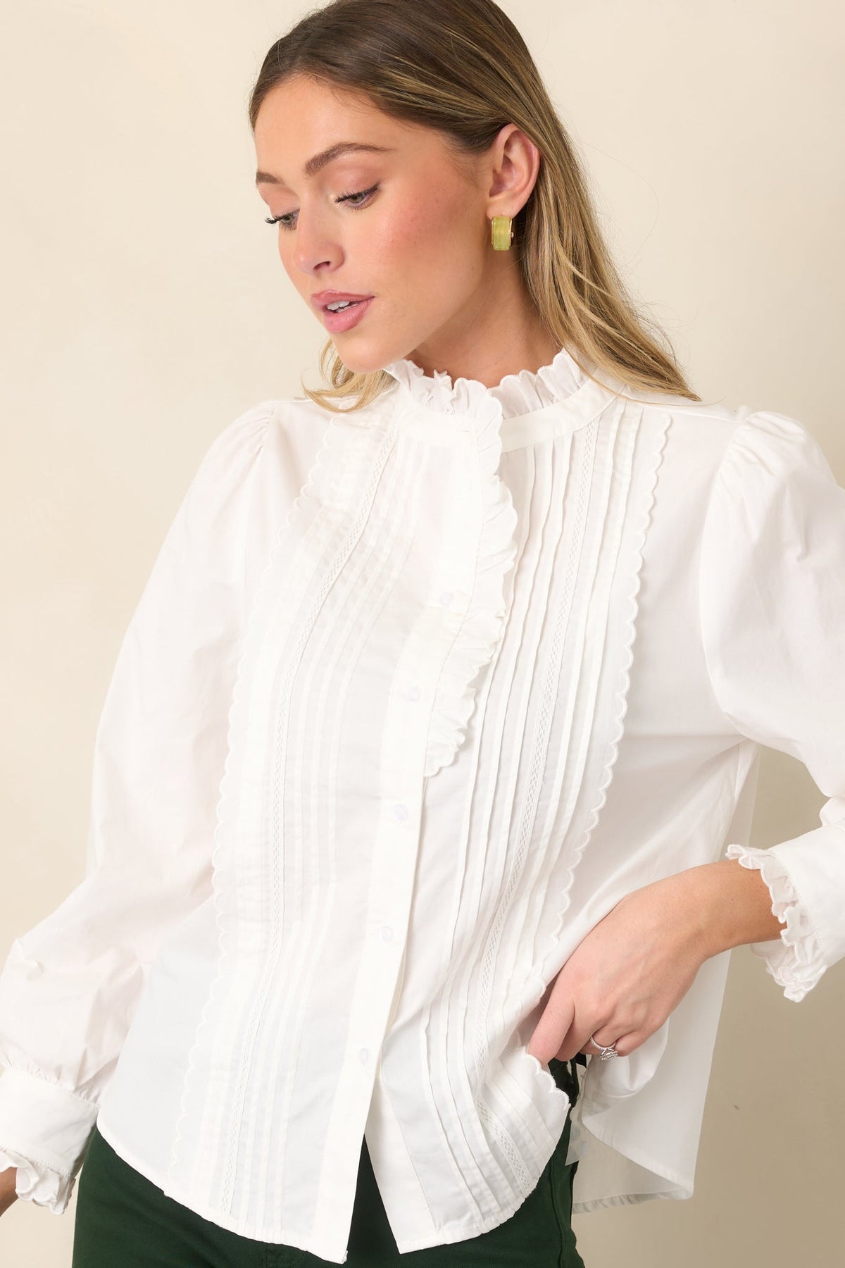Up In The Air Ivory Ruffle Pintuck Button-Up Blouse