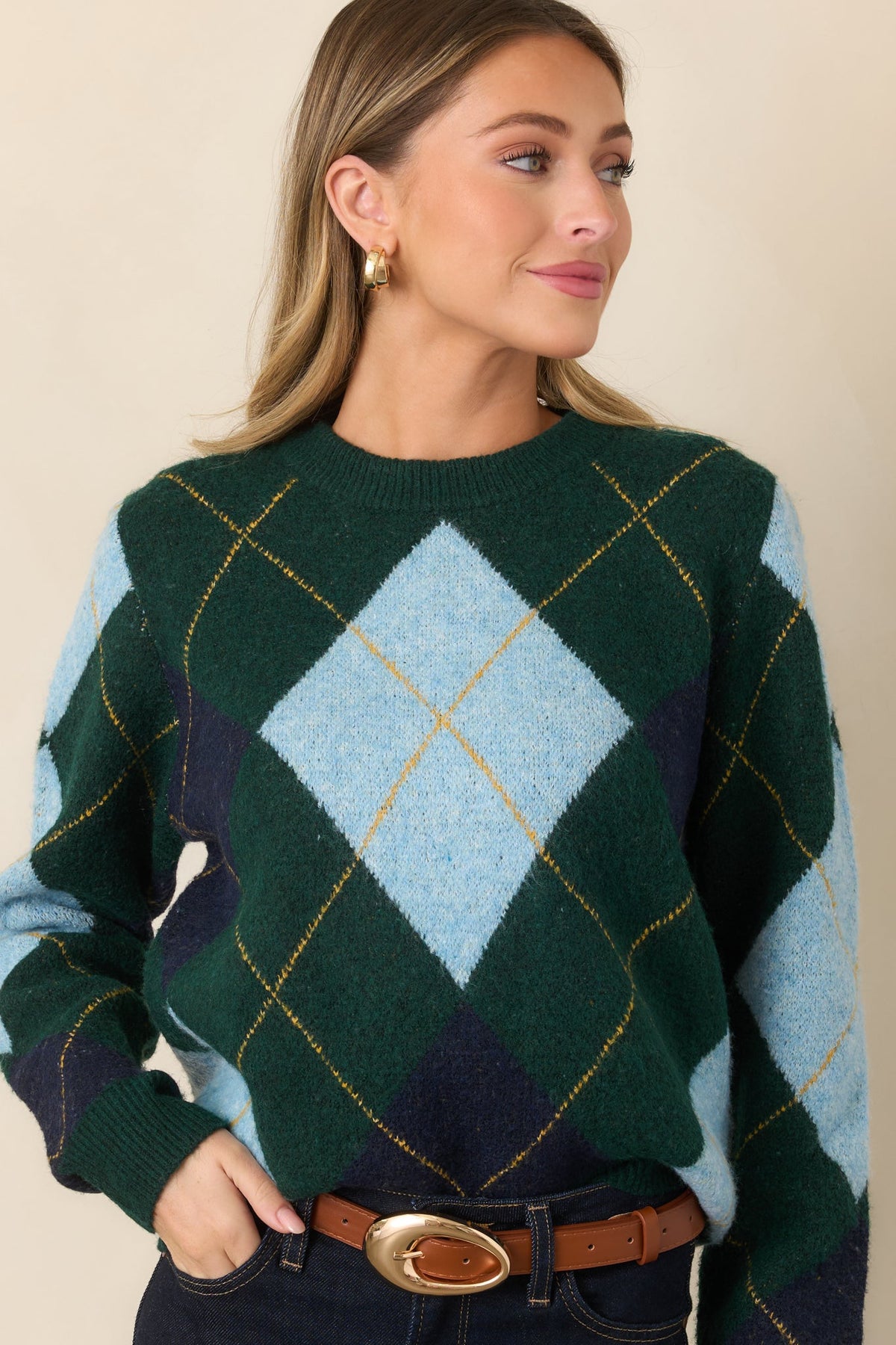 It All Checks Out Hunter Green Multi Argyle Crewneck Sweater