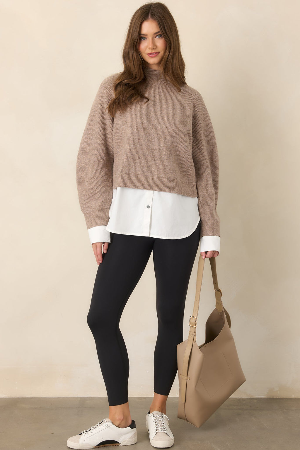 One and Done Taupe Faux Layered Mock Neck Knit Top