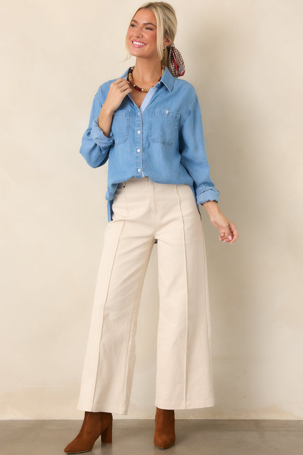 Laid Back Luxe Medium Wash Denim Button-Up Shirt