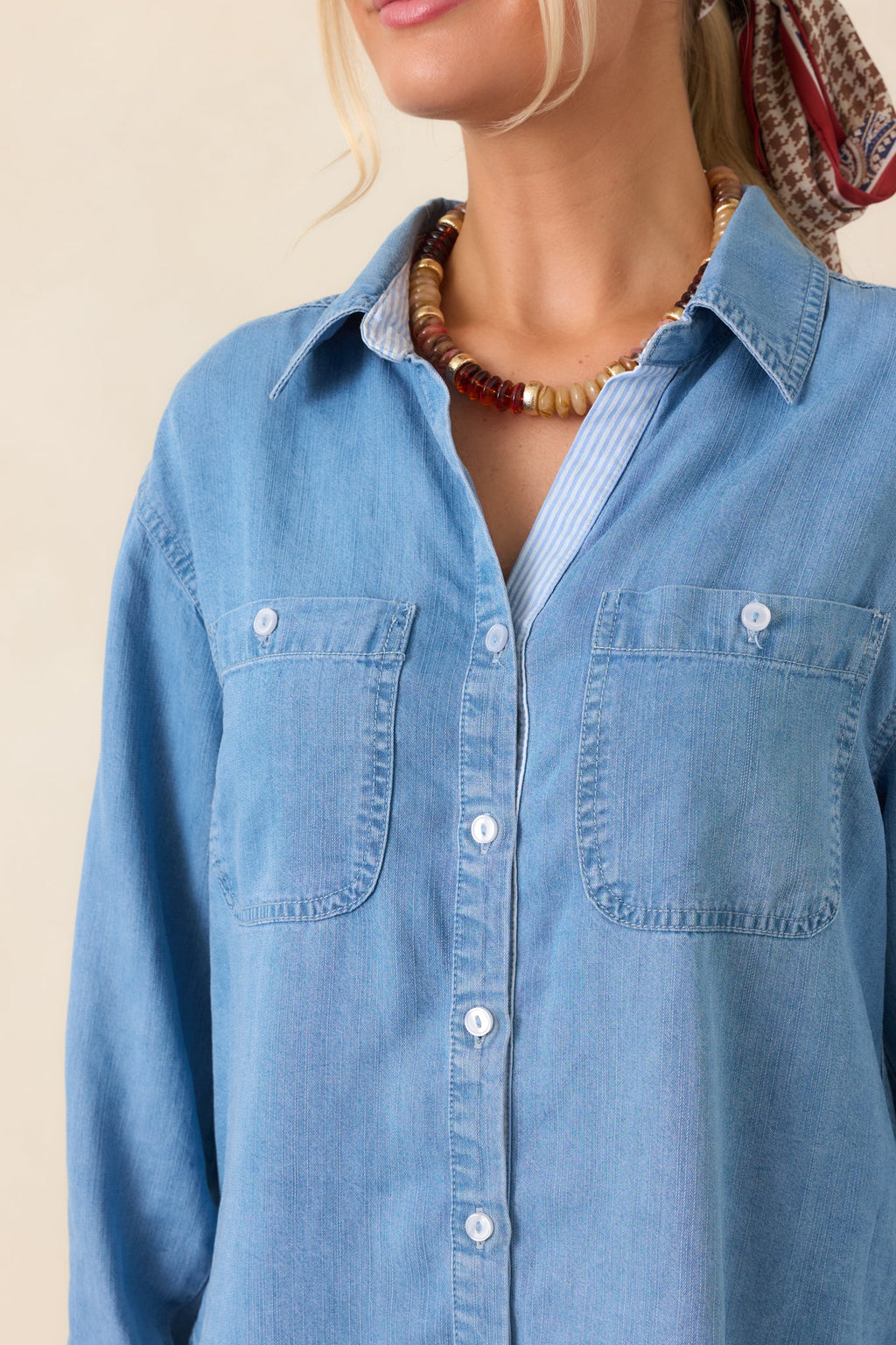 Laid Back Luxe Medium Wash Denim Button-Up Shirt