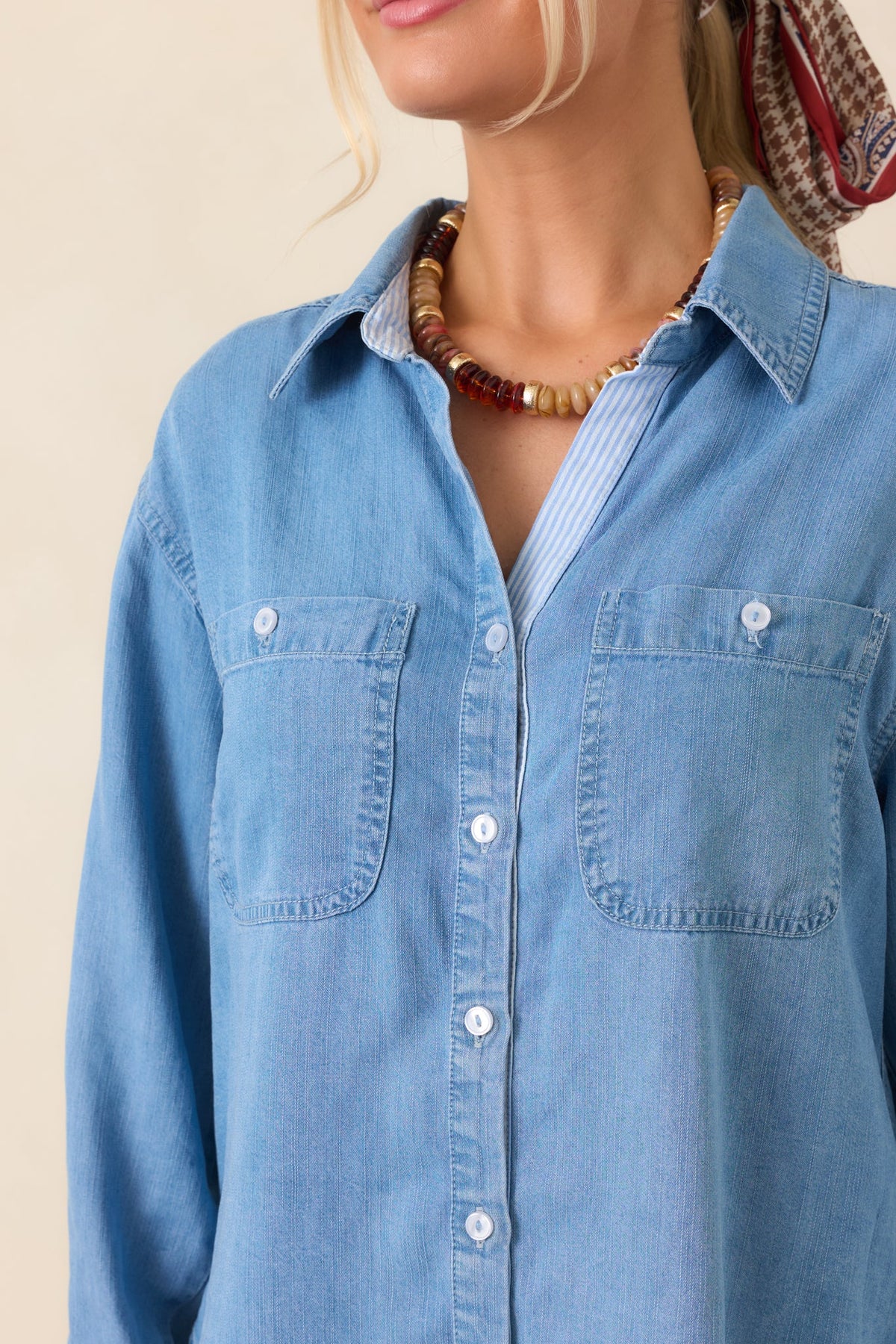 Laid Back Luxe Medium Wash Denim Button-Up Shirt