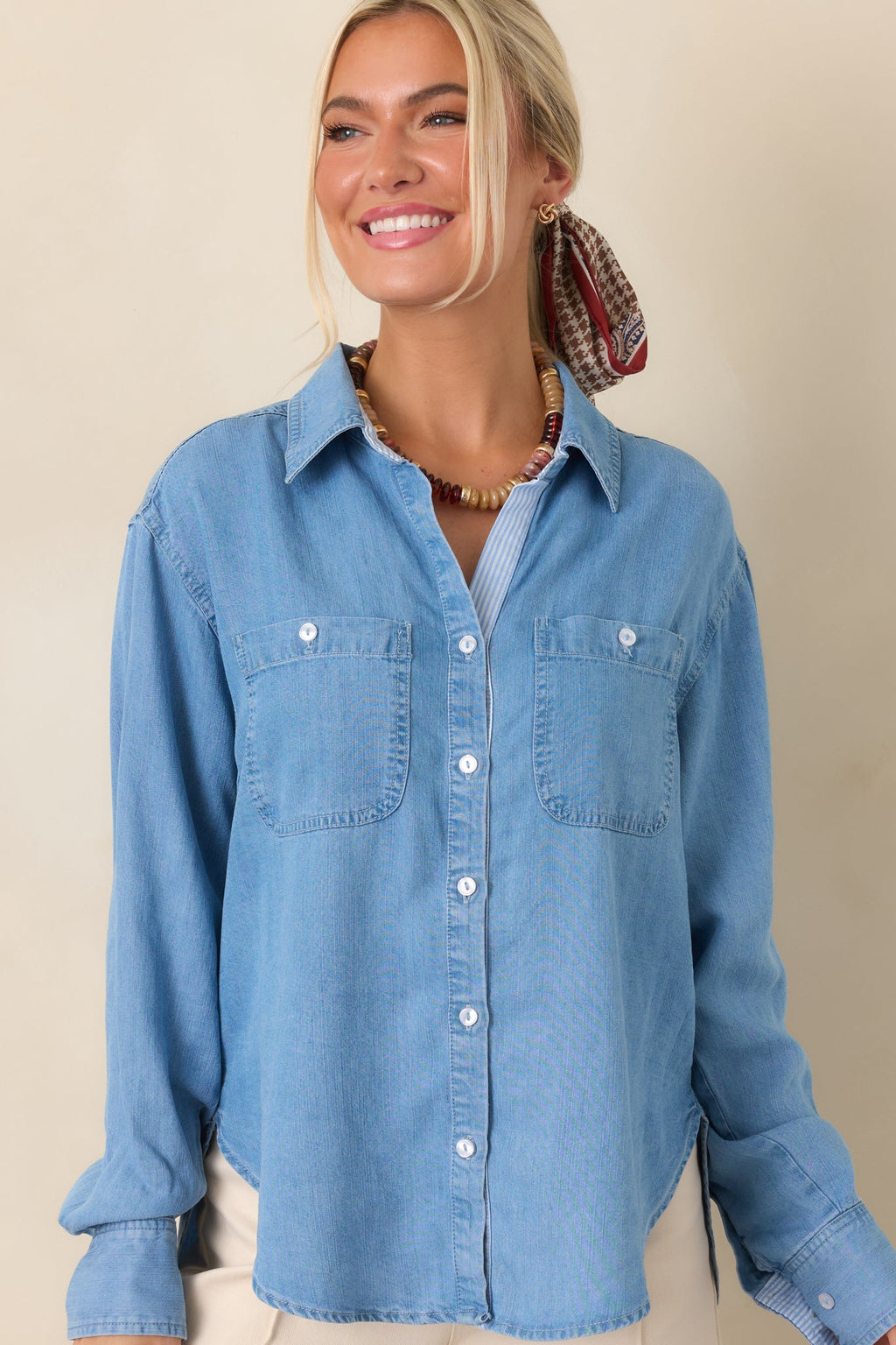 Laid Back Luxe Medium Wash Denim Button-Up Shirt
