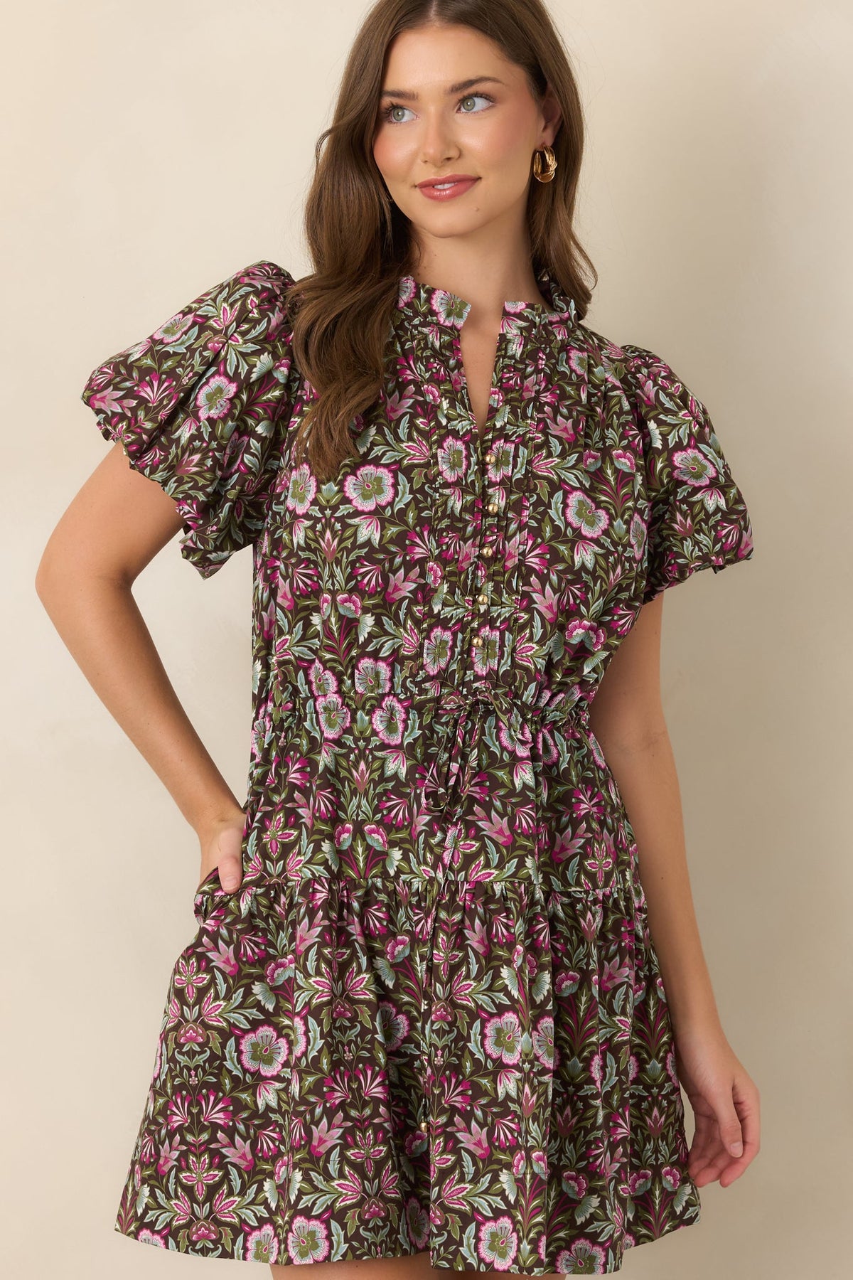 In the Garden Brown & Pink Multi Floral Cotton Mini Dress