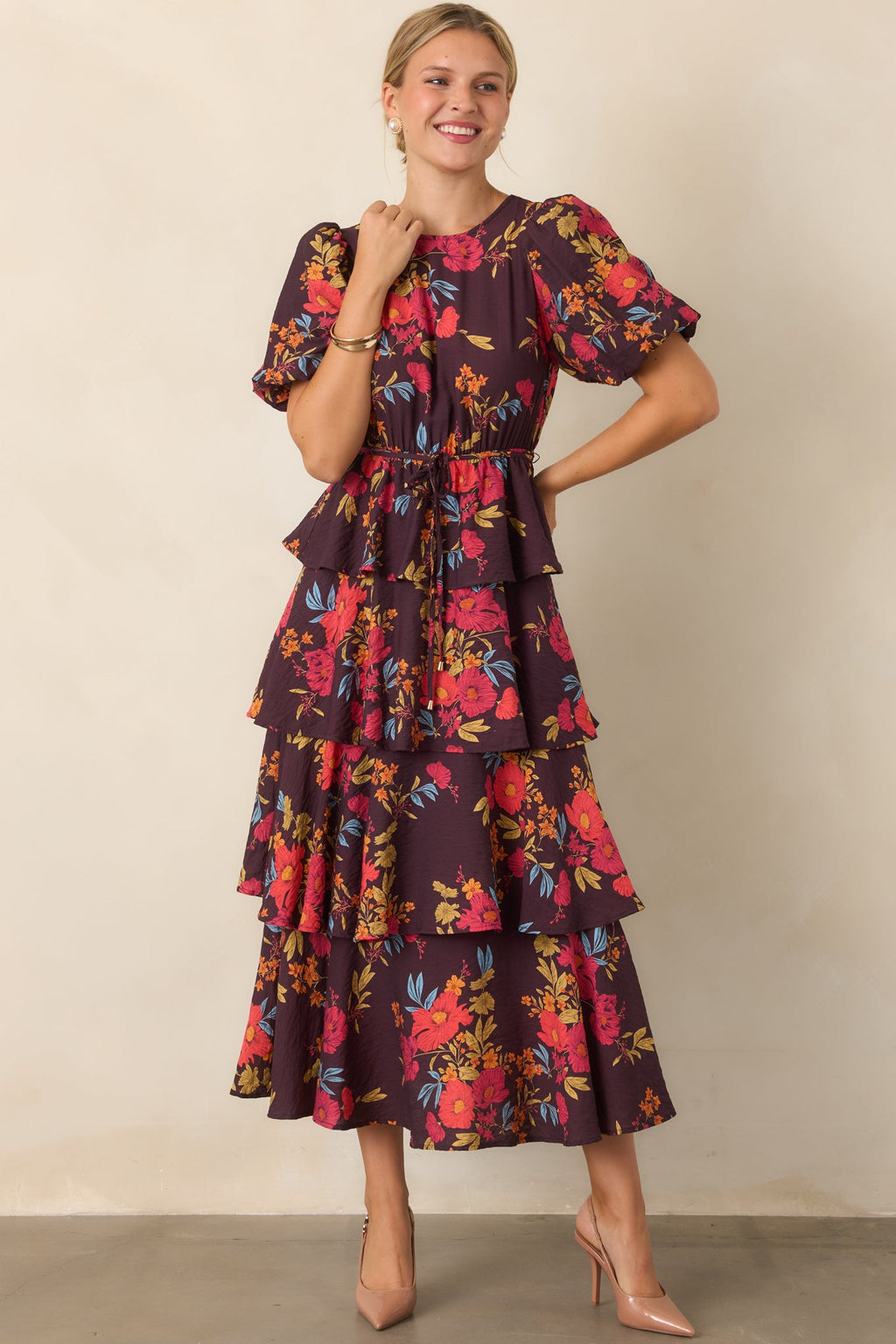 Something to Believe In Plum Multi Floral Tiered Maxi Dress