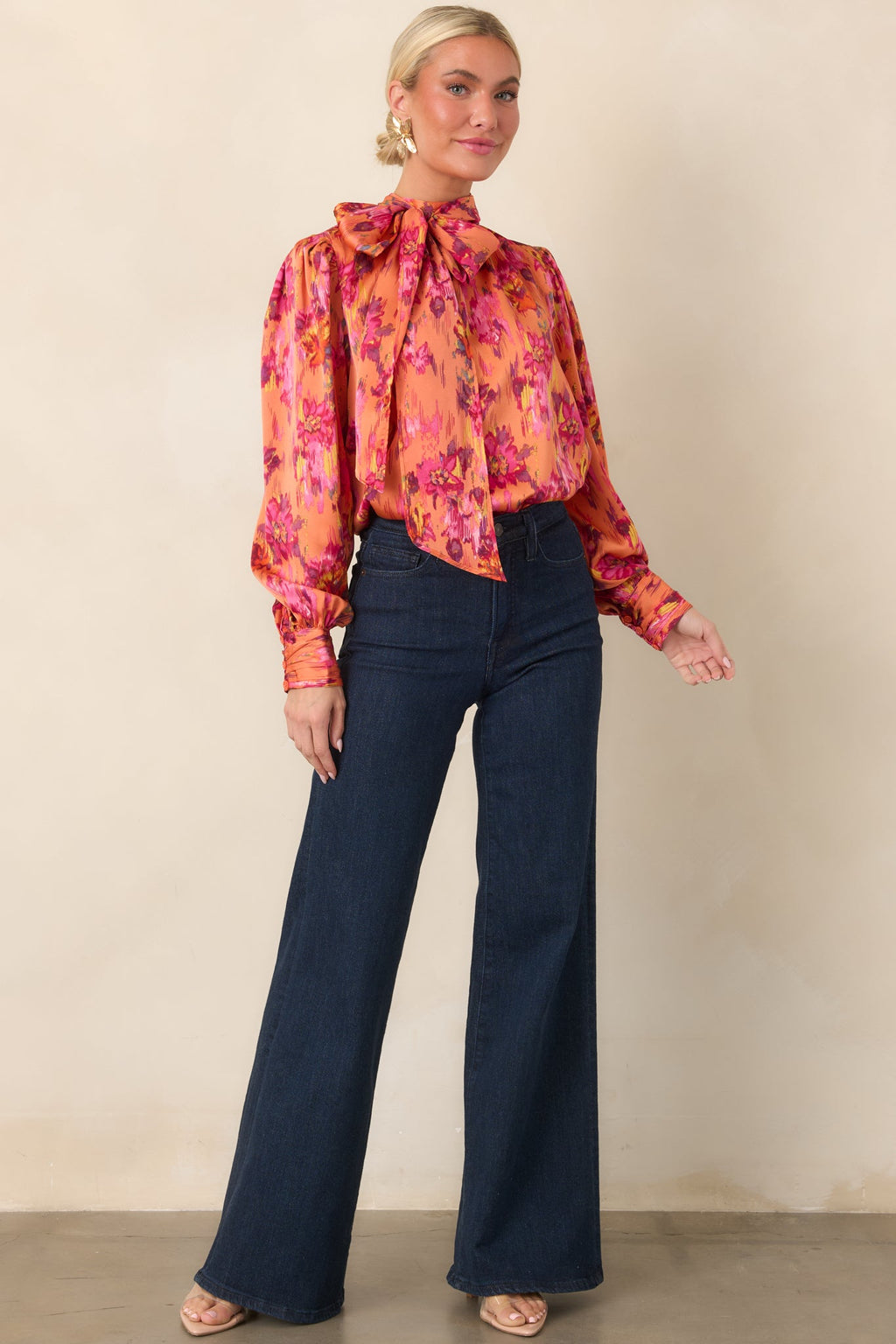 Worth Noticing Orange Multi Floral Satin Blouse