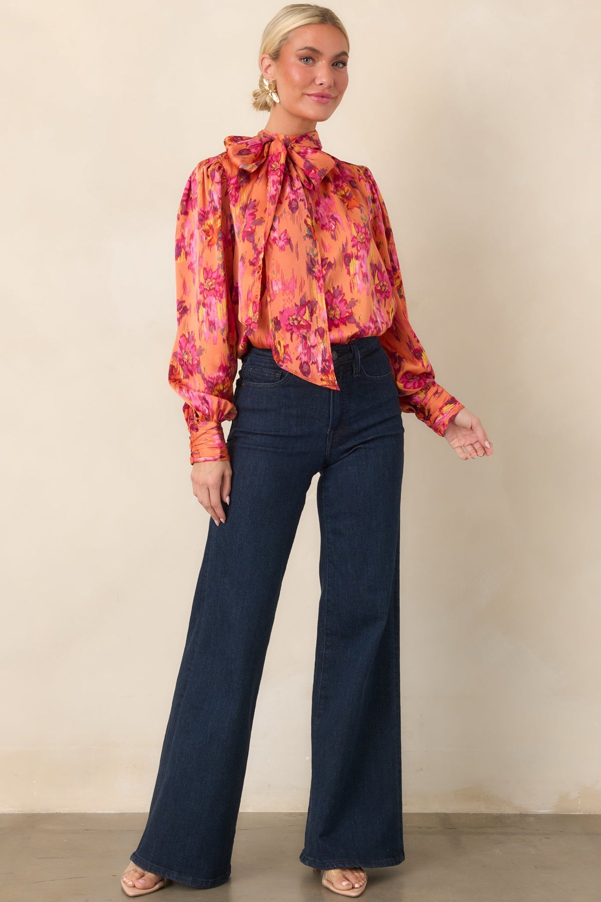 Worth Noticing Orange Multi Floral Satin Blouse