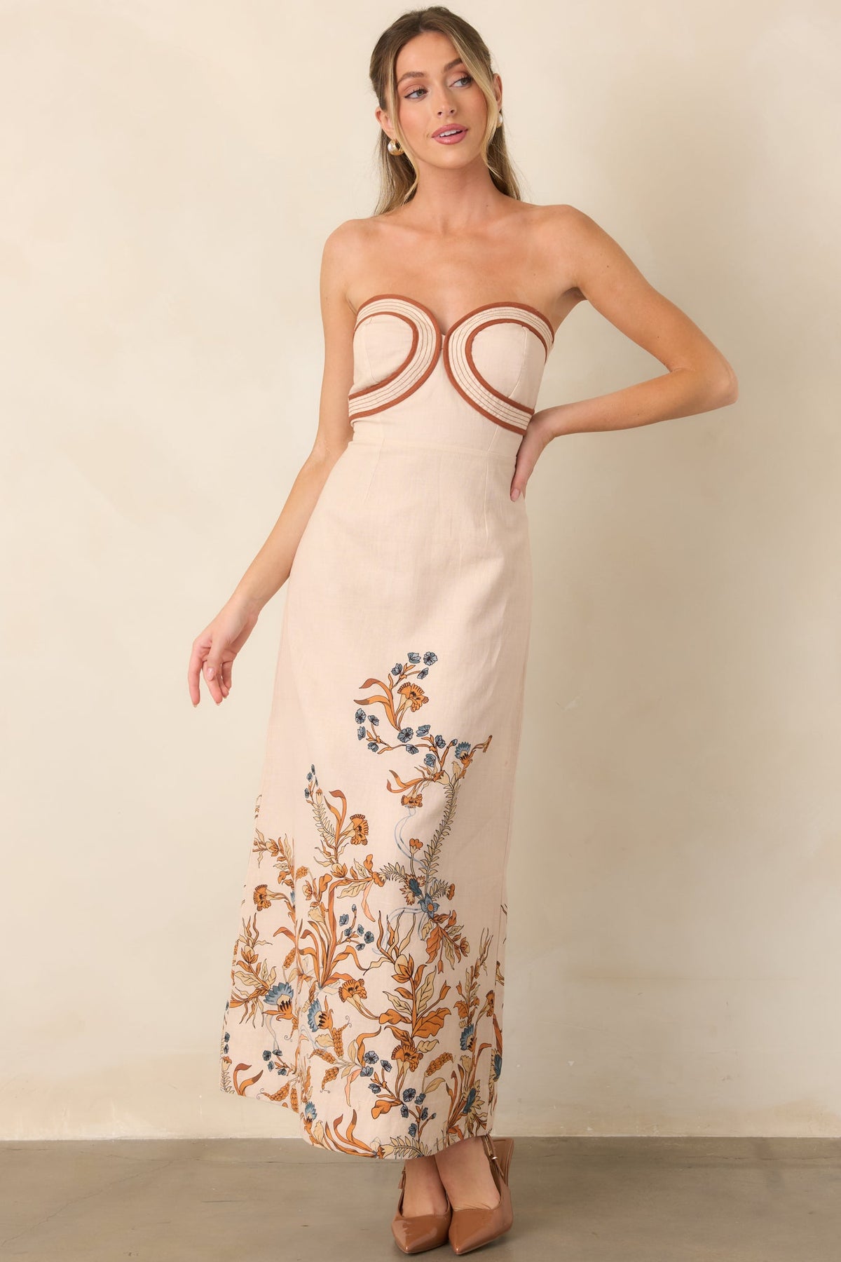 Anna Cate Hayden Ivory Faun Floral Strapless Midi Dress