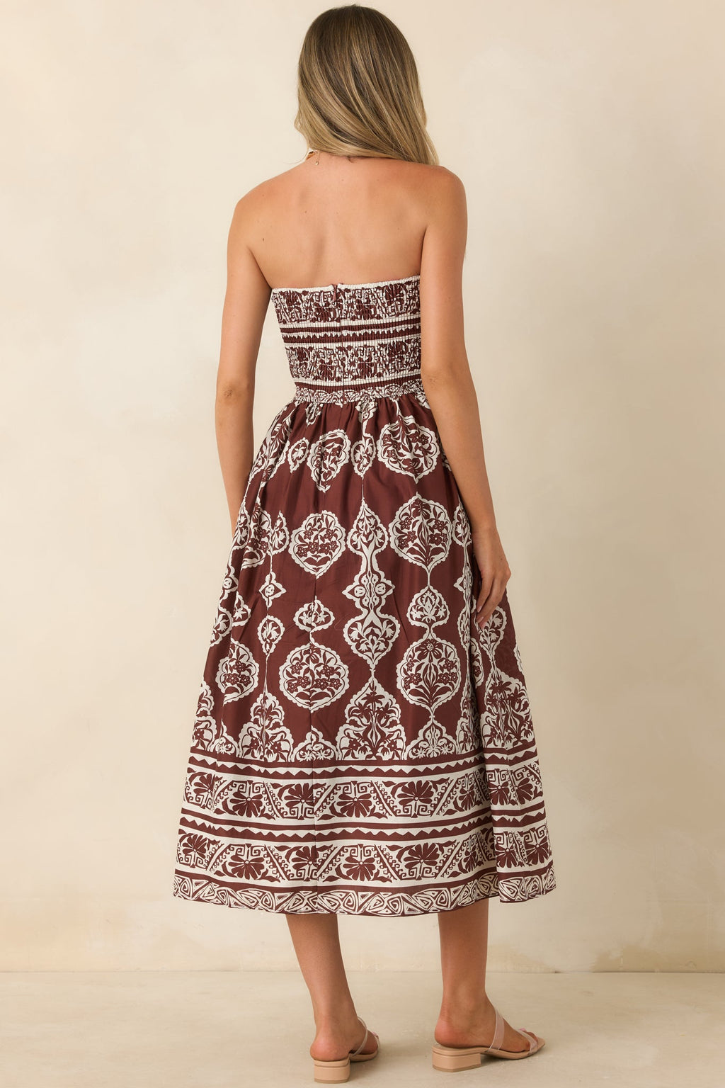 Painted Passage Chocolate & Ivory Cotton Strapless Midi Dress